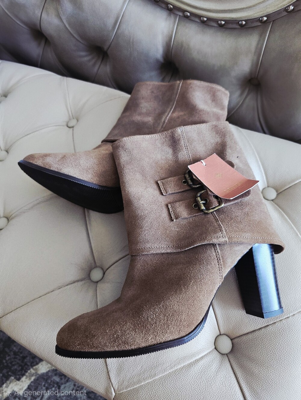 CRUZA PORTUGAL 100% Geniune Suede Buckle Heeled Boots in Brown Taupe 9.5